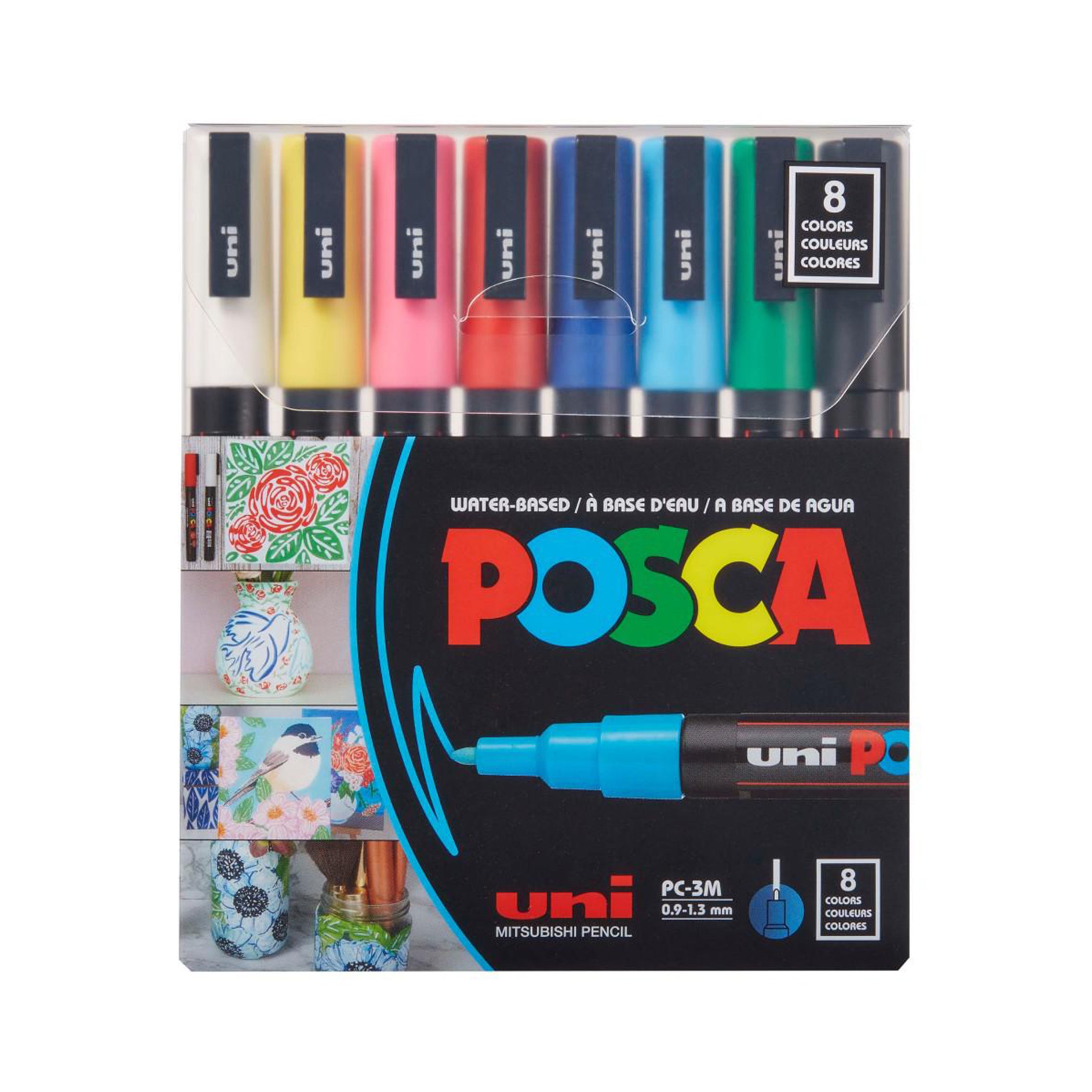 Uni-POSCA PC-3M Fine Tip Paint Markers, Basic Colors Set of 8