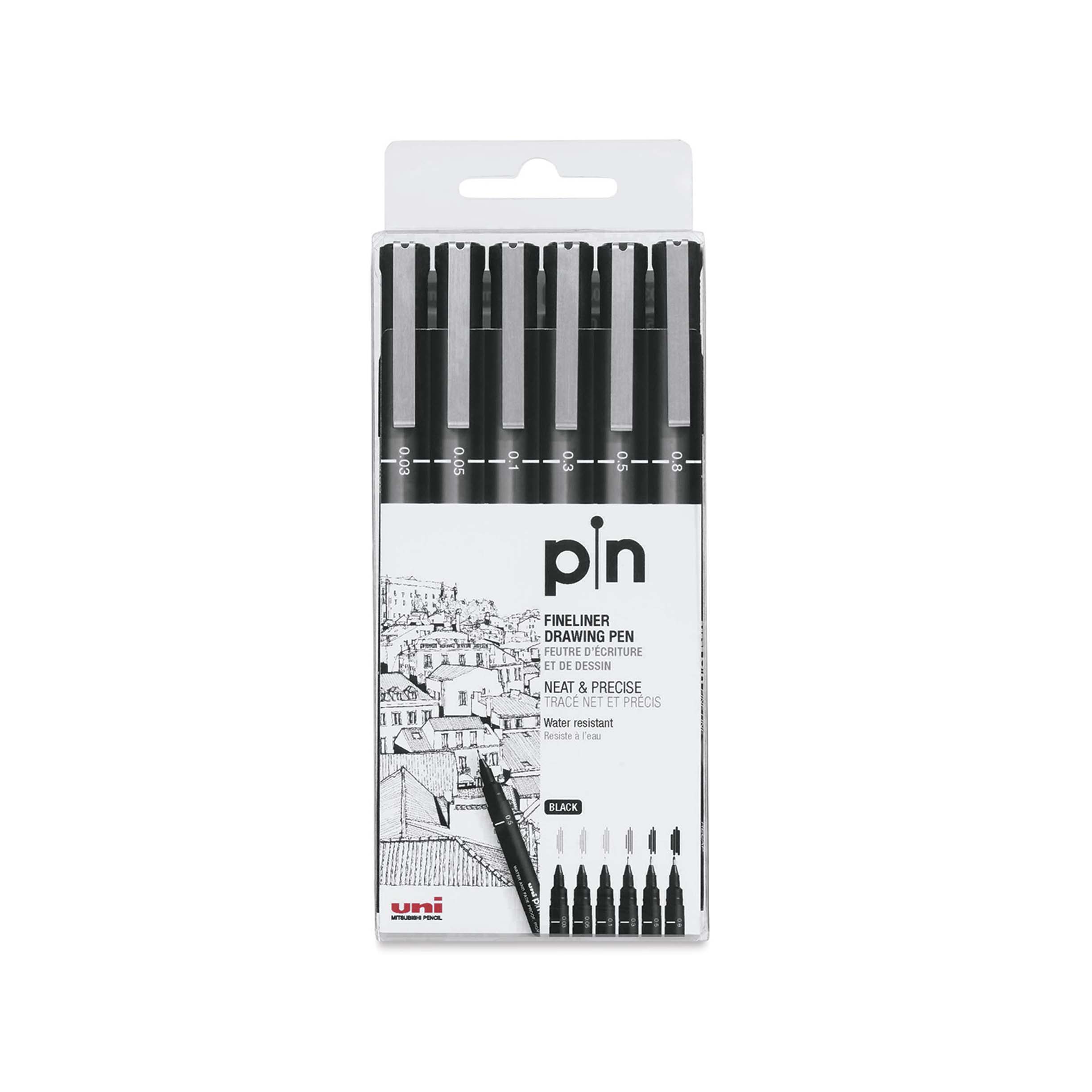 Uni Pin Fineliners, Black Set of 6